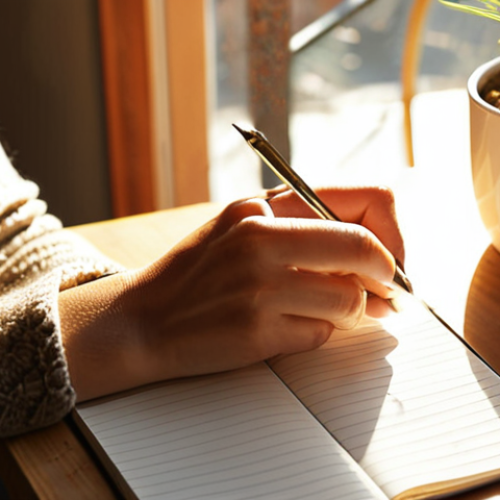 ** A person writing in a gratitude journal at a cozy table with a cup of coffee. Sunlight streams through the window, illuminating the scene. Focus on the positive and calming atmosphere. Perhaps a small plant is visible.

**