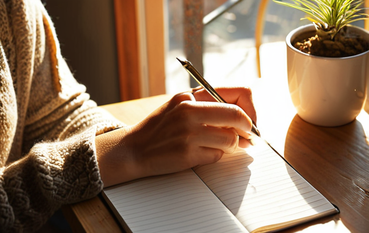** A person writing in a gratitude journal at a cozy table with a cup of coffee. Sunlight streams through the window, illuminating the scene. Focus on the positive and calming atmosphere. Perhaps a small plant is visible.

**